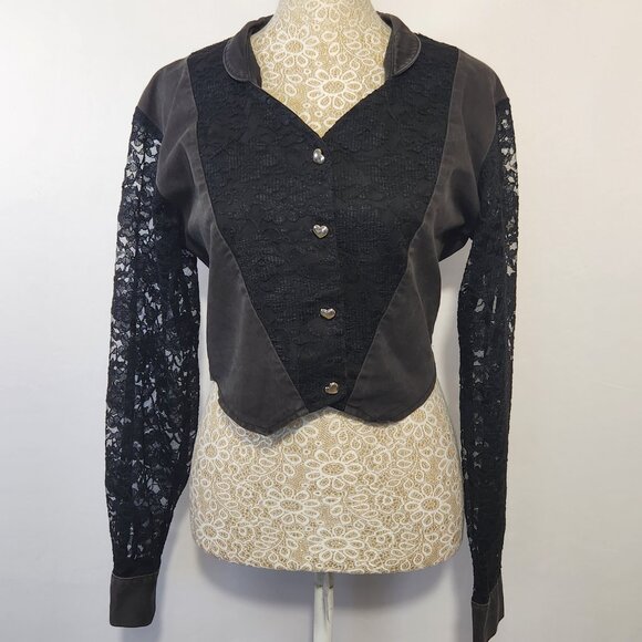Banjo Dallas TX Women's Size Small Black Denim & Lace Long Sleeve Crop Top Goth - Picture 15 of 16